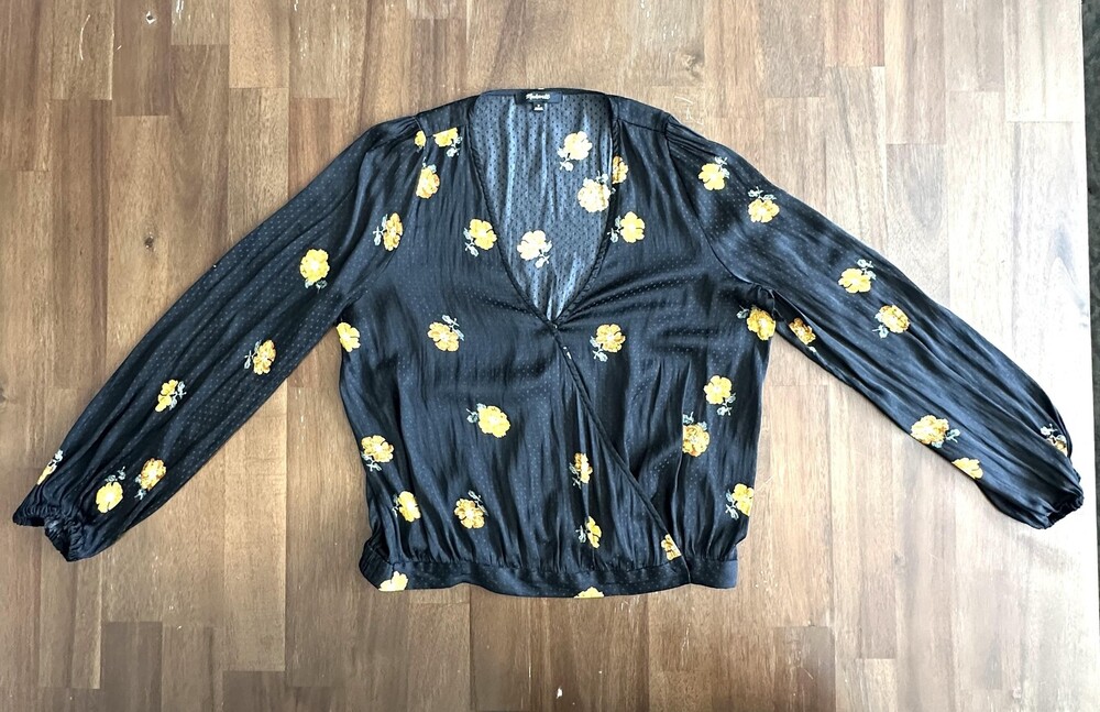 Madewell Blouse Womens Medium Black Floral V Neck Balloon Sleeve Button HO18
